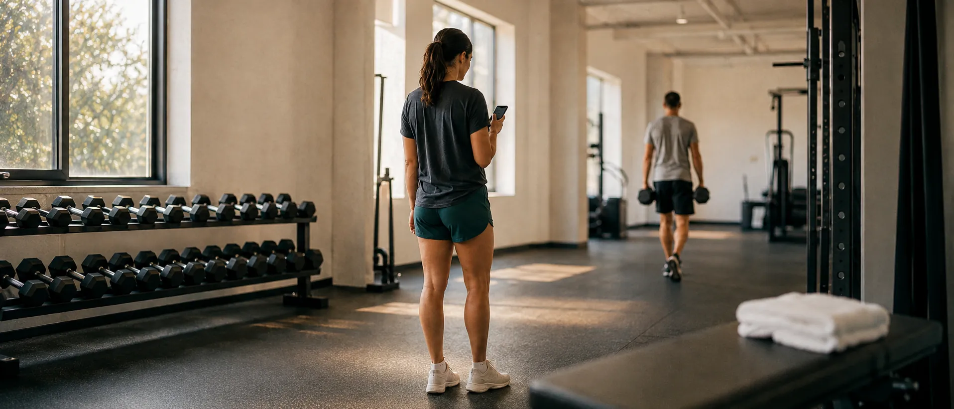 A coach standing in a bright gym with her phone, a client training in the background.
