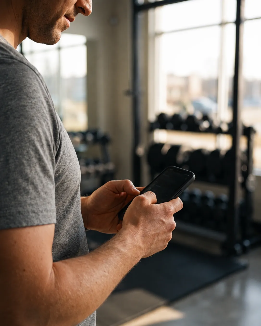 A coach checking his phone in a sunlit gym, dumbbell racks behind him.